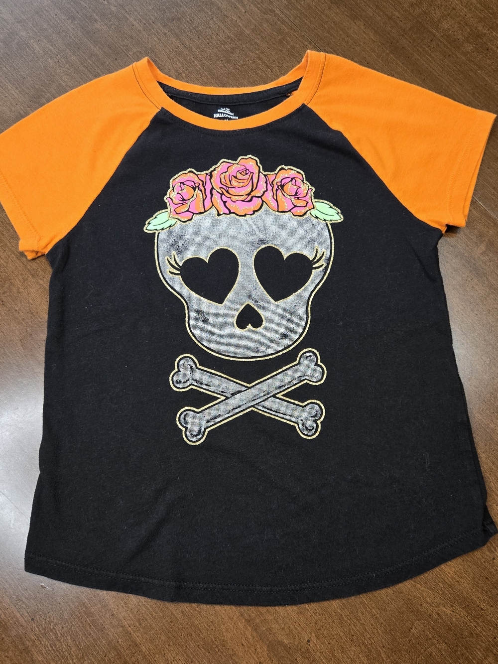 *SALE* Halloween Girls M 7-8 Black Orange Raglan Skull Graphic Glitter Crew Tee